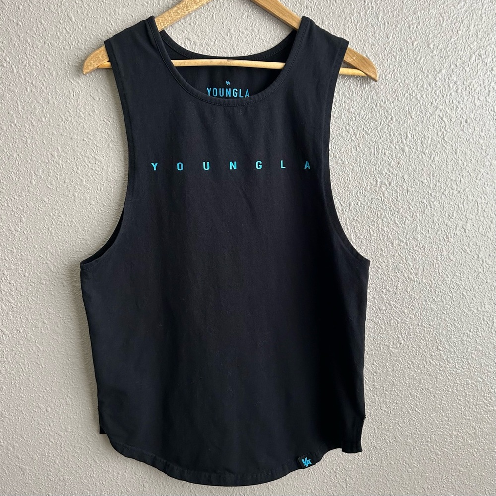 YoungLA Black‎ Cotton Sleeveless Tank Top With Blue Logo